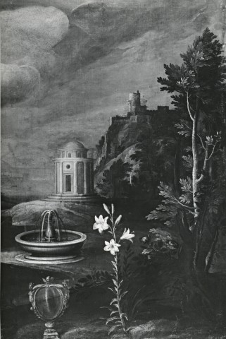 Anonimo — Cesari Giuseppe - sec. XVI/ XVII - Paesaggio con simboli delle Litanie — particolare